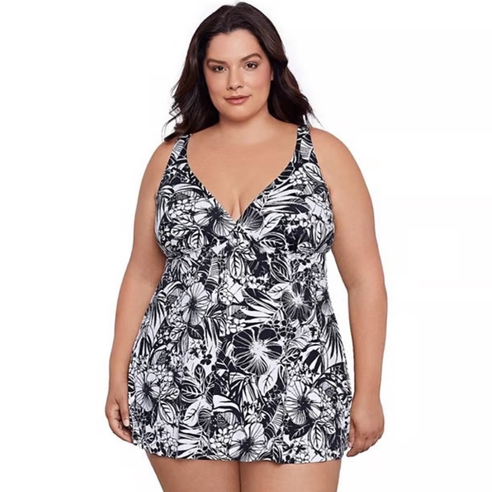 Swim Solutions Plus Size Floral-Print Flyaway Swim Dress Nwt Size 16w